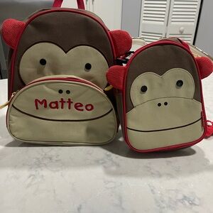 Monkey Design Kids Backpack Set - Brown and Red